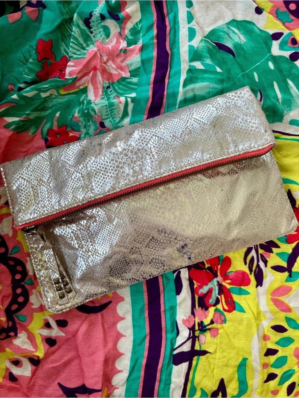 American Eagle Metallic Snakeskin Foldover Clutch Magnetic Snap Close Coral Zip